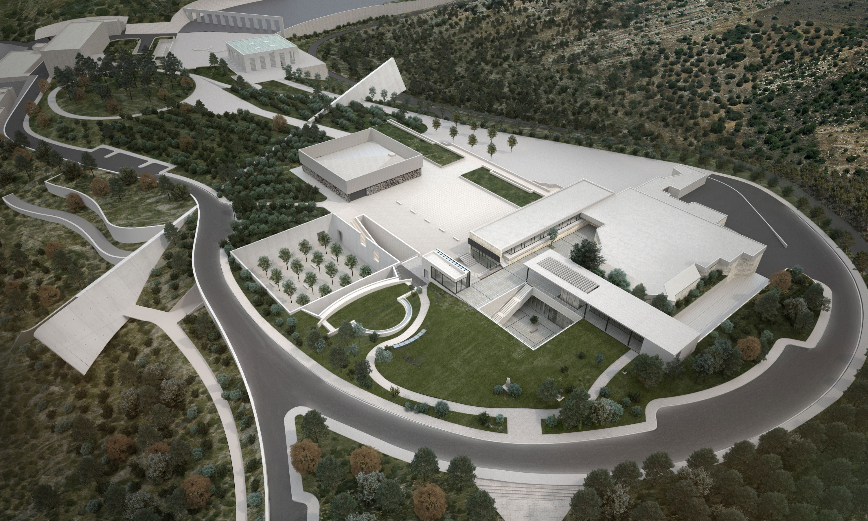 Aerial rendering of the Mount of Remembrance with the Moshal Shoah Legacy Campus