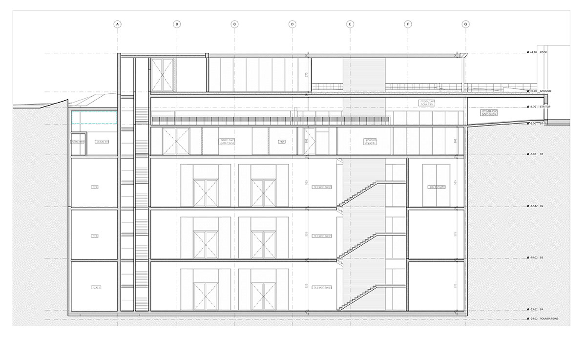 Cross-section plan for The David and Fela Shapell Family Collections Center. Skorka Architects