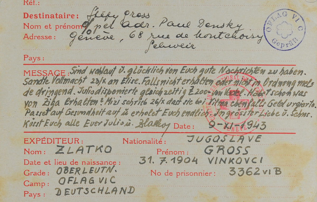 Correspondence of the POW Zlatko Gross from the Barkenbruegge POW camp with his parents and his wife in Switzerland, 1943-1945