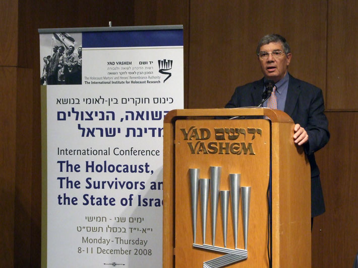Chairman of the Yad Vashem Directorate Avner Shalev speaking during the opening session of the conference