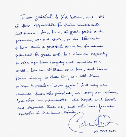 Senator Obama's inscription in the Visitors' Book