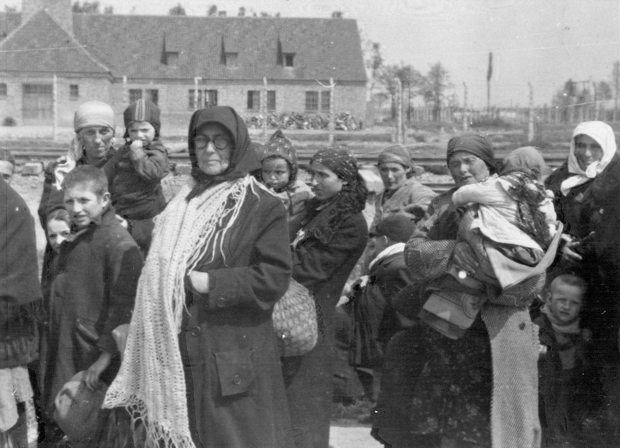 Auschwitz-Birkenau, Poland, Jewish women and children deemed "unfit for work" being unknowingly led to Gas Chamber #3.