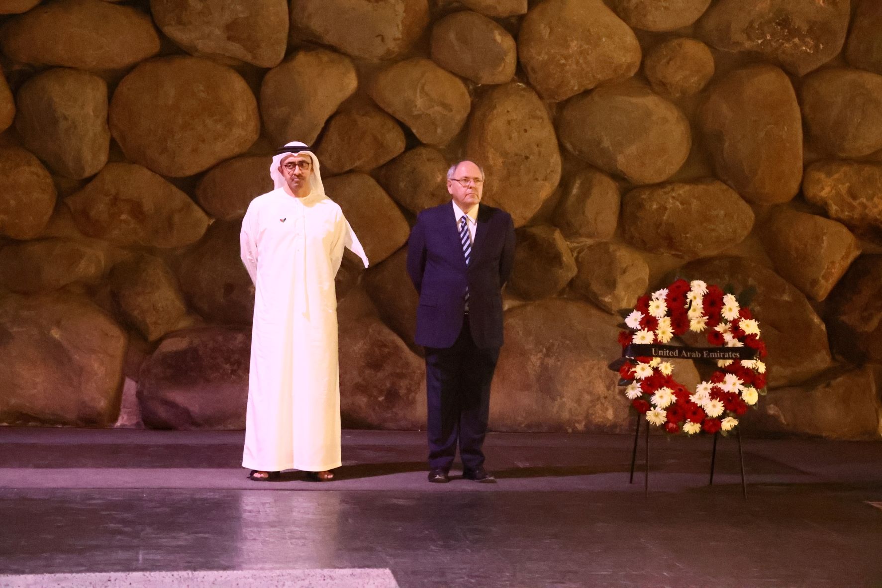 Minister Al Nahyan and Dani Dayan participate in a memorial ceremony in the Hall of Remembrance at Yad Vashem 