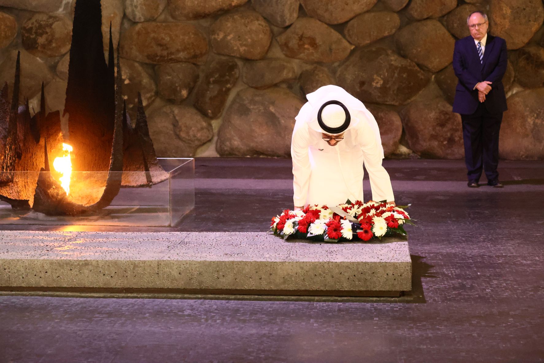 Minister Al Nahyan lays a wreath in the Hall of Remembrance at Yad Vashem during a memorial ceremony commemorating the six million Jewish men, women and children murdered during the Holocaust