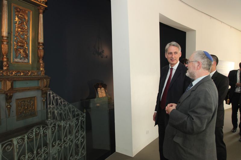 The Rt. Hon. Philip Hammond MP, the UK Secretary of State for Foreign and Commonwealth Affairs (second from right), visited the Yad Vashem Synagogue, where rescued and restored Judaica from Europe is displayed
