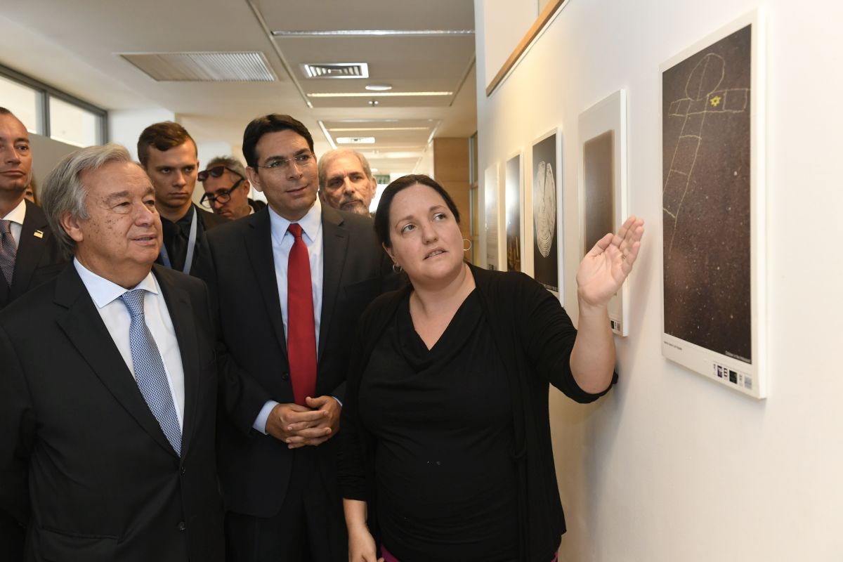 UN Secretary-General António Guterres in the International School for Holocaust Studies tours the exhibition of posters from the Keeping the Memory Alive-Our Shared Responsibility International Poster Competiton, a joint initiative with the United Nations