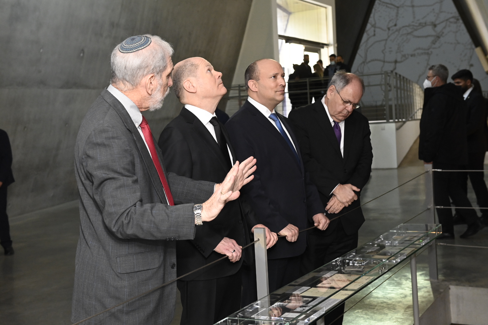German Chancellor Olaf Scholz tours Yad Vashem's Holocaust History Museum together with Yad Vashem Chairman Dani Dayan and Israel's Prime Minister Naftali Bennett