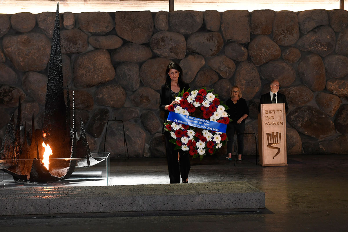 U.S. Ambassador Nikki Haley lays a wreath in the Hall of Remembrance at Yad Vashem
