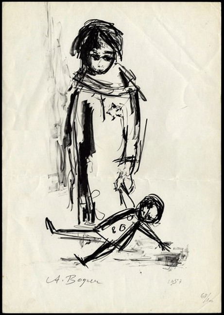 אלכסנדר בוגן (2010-1916) ילדה בגטו עם בובה, 1957 ליטוגרפיה אוסף המוזיאון לאמנות יד ושם, ירושלים תרומת האמן
