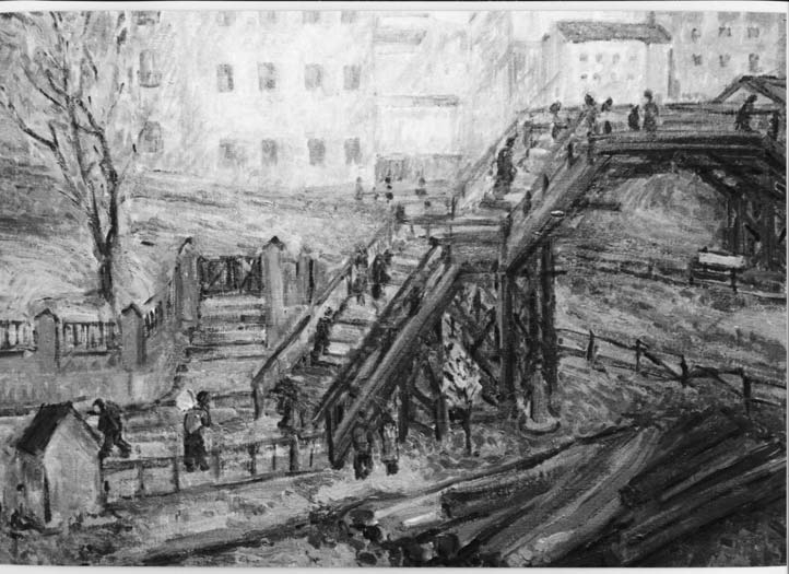 Brücke im Ghetto Lodz, 1943 – Öl auf Leinwand von Sarah Gliksman-Fajtlowicz, 1910 in Polen geboren, Kunstmuseum Yad Vashem