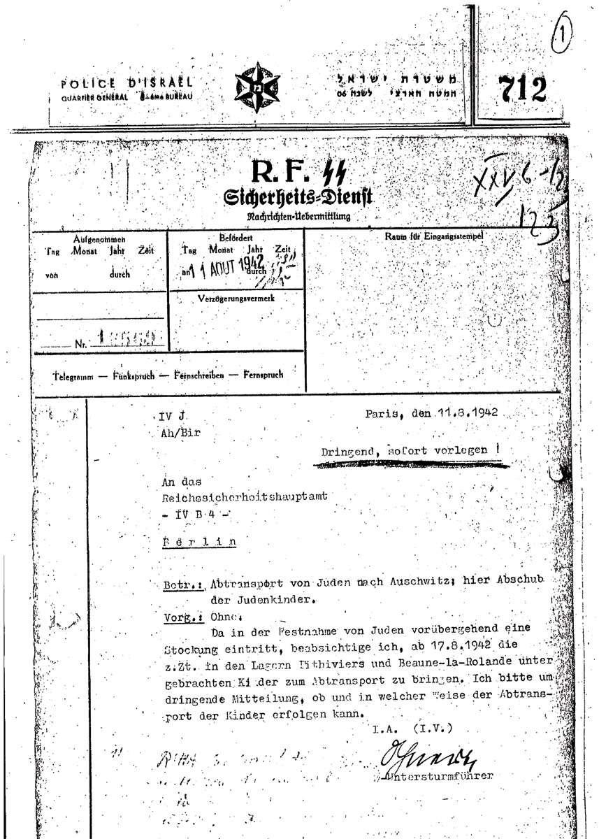 Document allemand daté du 11 août 1942, relatif à la déportation des enfants juifs de France. 