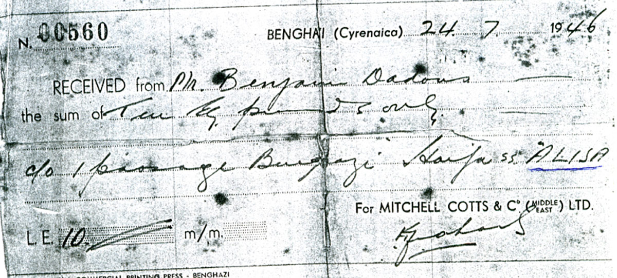 Receipt showing payment on behalf of Benjamin for passage from Benghazi to Haifa in the sum of Ten British Pounds