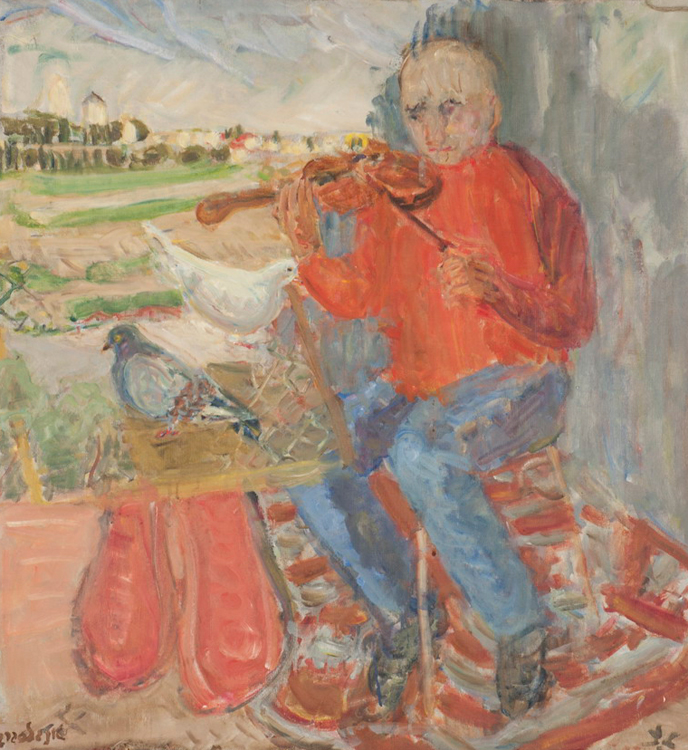 ליאון אנגלסברג (1919-1998). דיוקן עצמי מנגן ויונים