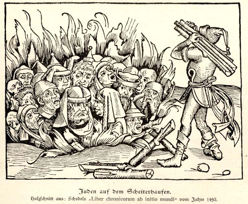 Гравюра, изображающая сожжение евреев. Хартман Шедель "Liber chronicorum ab initio mundi", 1493