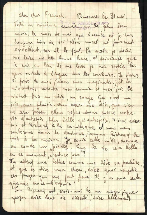 Une lettre d’Esther Frenkel née Horonczyk à son mari, Nissan, qui était interné dans le camp de transit de Beaune-la-Rolande depuis mai 1941.