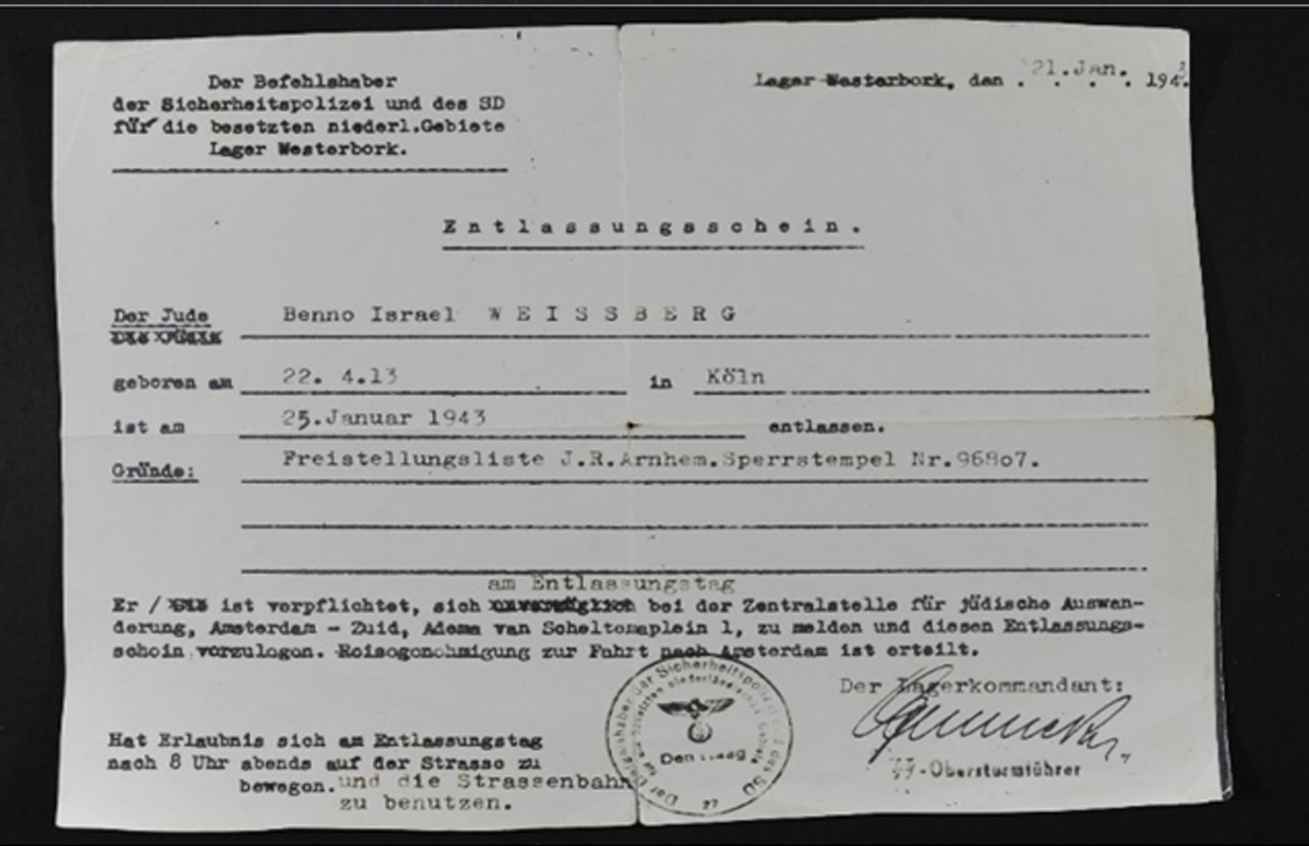 תעודת שחרור של בנו וייסברג ממחנה וסטרבורק, ארכיון יד ושם