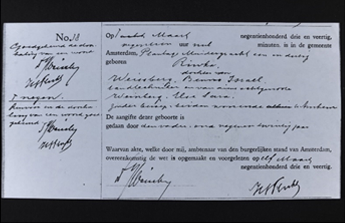 תעודת לידה של רבקה וייסברג ילידת 9 במרס 1943, אמסטרדם הולנד, שהונפקה ב-11 במרס 1943