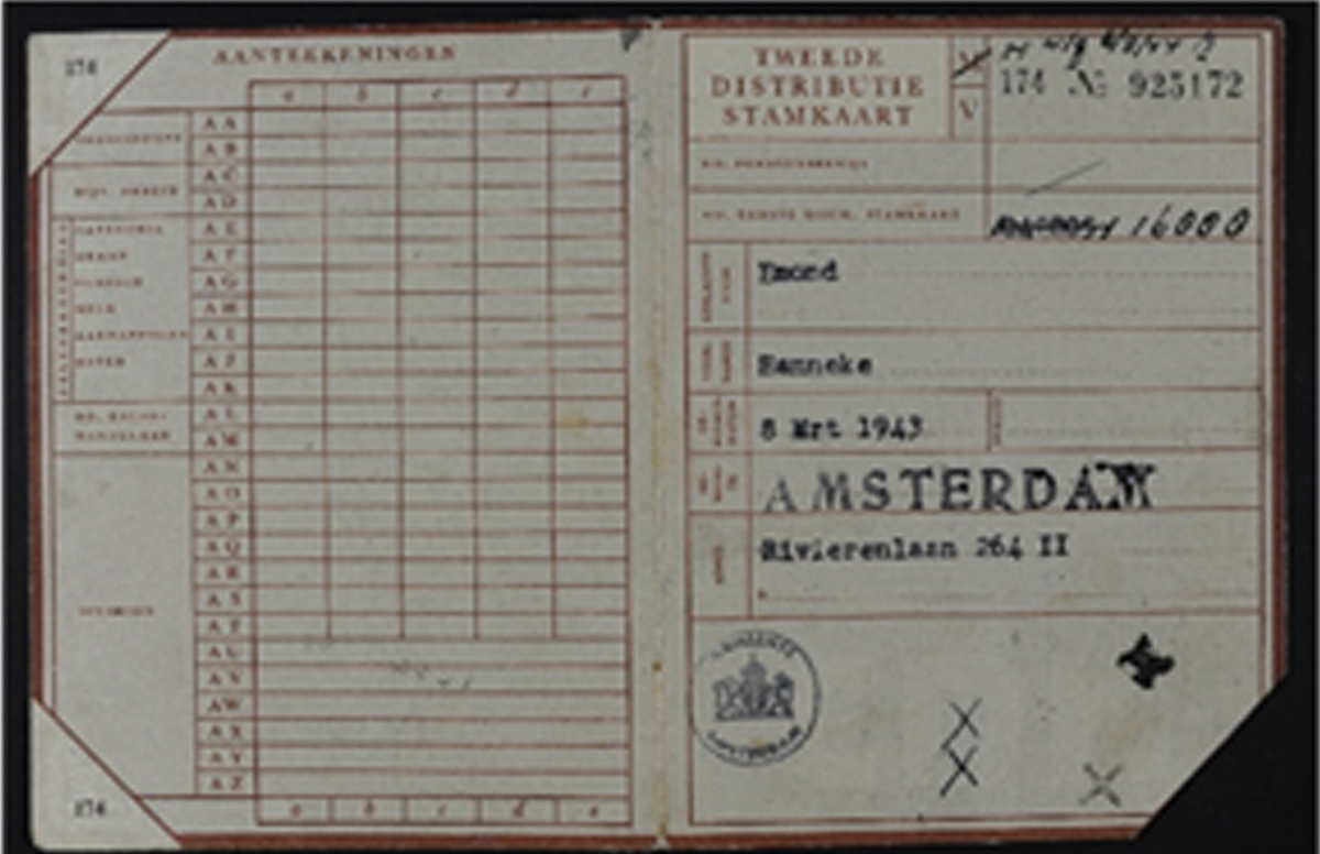 תלושי מזון של הנקה אמונד (שמה הבדוי של רבקה וייסברג), ילידת 8 במרס 1943, אמסטרדם, ארכיון יד ושם 