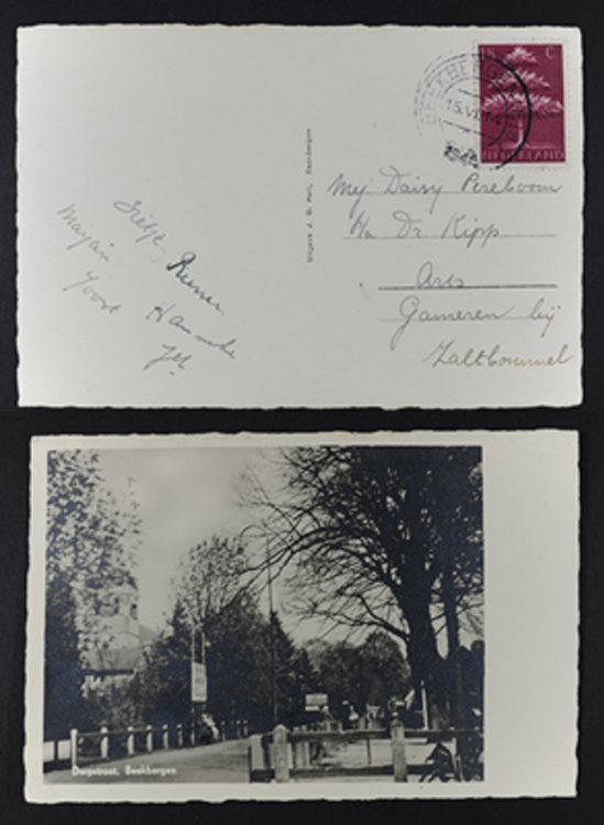 גלויה ששלחה יט לדייזי ובגבה צילום של ביקברגן, 15 ביוני 1944, ארכיון יד ושם