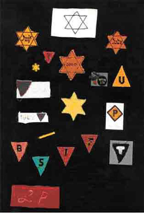 Een compos labels die gedragen werden door slachtoffers v de Nazi’s waaronder Joden, getuigen van Jehova, Roma en Sinti, Polen en criminelen. 