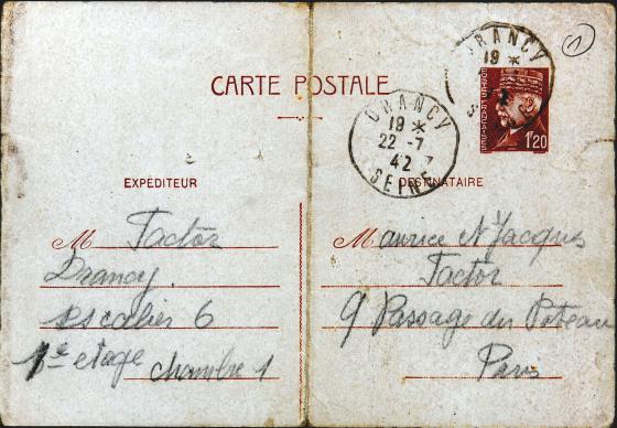 Deux cartes postales envoyées de Drancy par Aron et Ite Faktor à leurs fils Maurice et Jacques le 21 juillet 1942 
