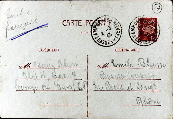 Trois cartes postales envoyées du camp de Gurs par Franz Blum à son père Emile