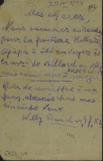 Lettre écrite et lancée du train par Willy Goldfinger le 20 septembre 1943