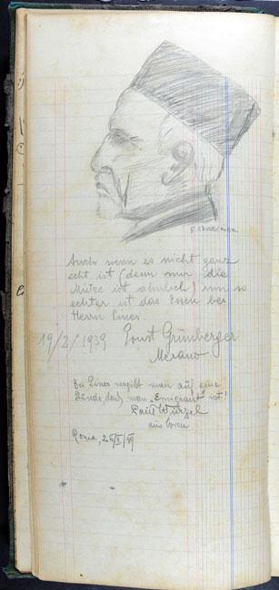 A page from the guestbook with a portrait of the pension owner Yitzhak Eliyahu Pines