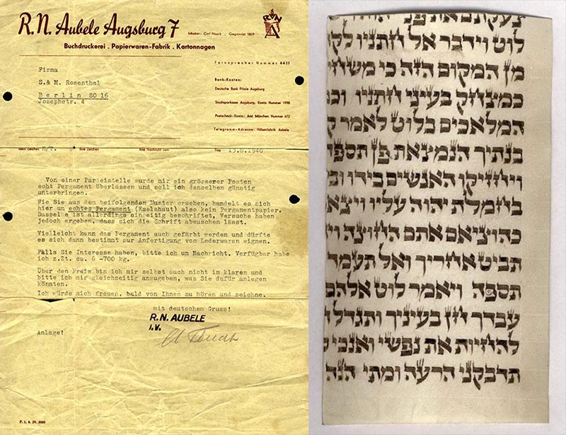 The letter sent by a Nazi party member to the owners of a leather goods factory offering parchment as raw material. Attached is a snipped piece of a Torah scroll as a sample