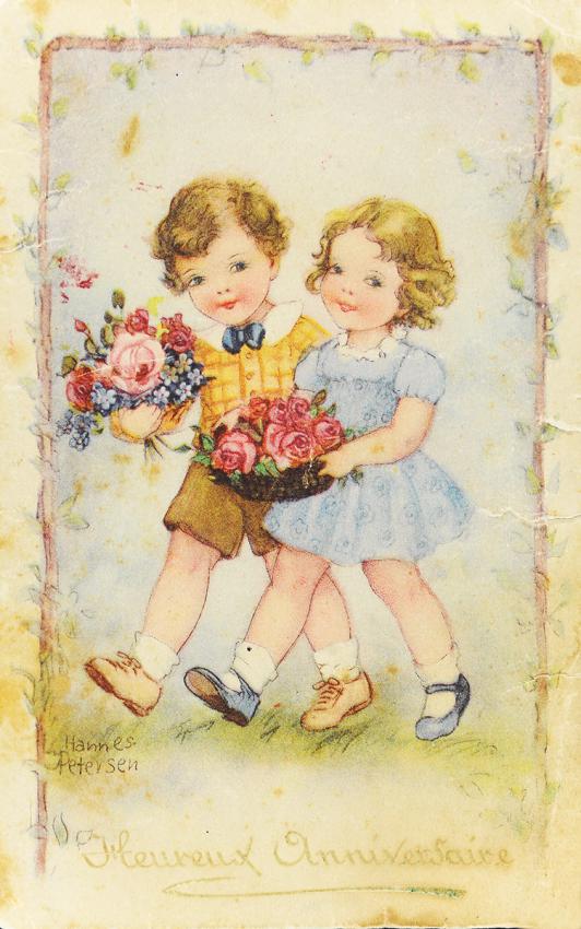 גלויה צבעונית מאוירת ששלח מוריס פלצמן מפריס לחברתו, בת גילו, אוולין ויטנברג, בדרום צרפת, בינואר 1944 לרגל יום הולדתה העשירי