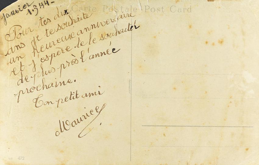 כרטיס ברכה ששלח מוריס פלצמן לחברתו אוולין ויטנברג לרגל יום הולדתה העשירי