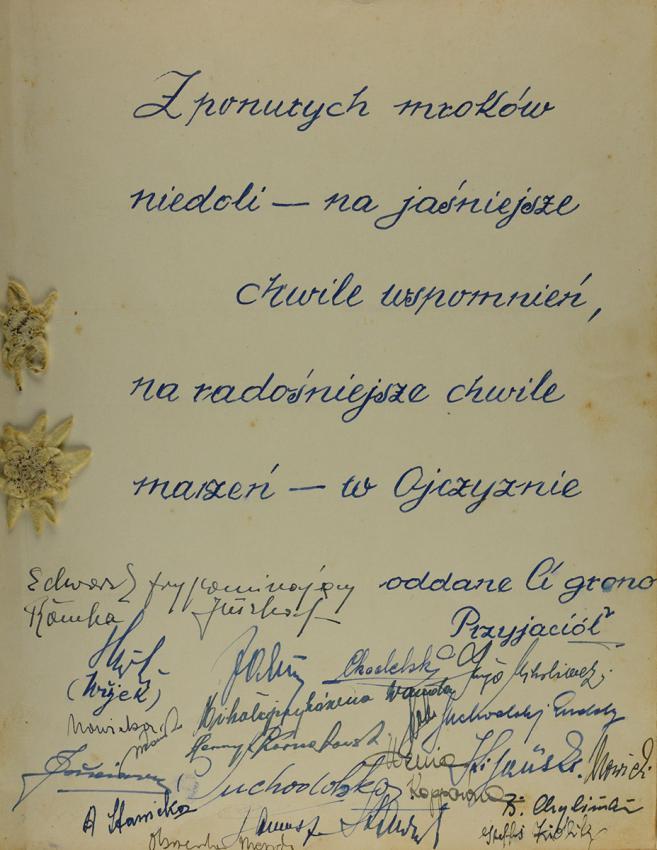 ציור והקדשה ליום הולדתה ה-21 של ציפורה רימן, בשמה הבדוי צ'סלבה, שכתבו לה בווינה חבריה הפולנים החתומים על ההקדשה, יוני 1944