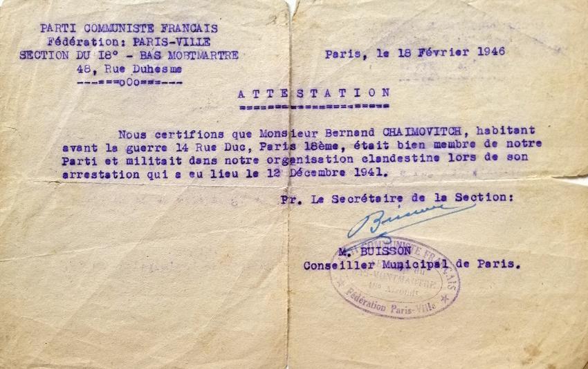 Certificat d’appartenance au Parti communiste français au nom de Bernard Chaimovitch au moment de son arrestation en décembre 1941, délivré en février 1946