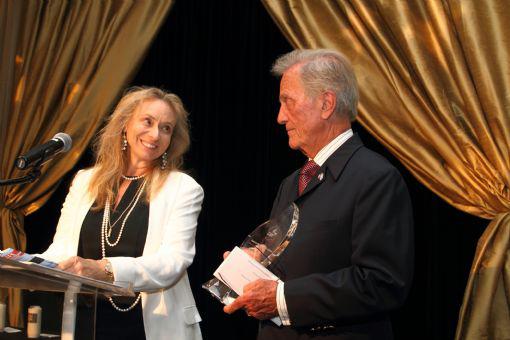 At the American Society for Yad Vashem’s ‘Saluting Hollywood’ Event Committee Member and a Legacy Award Recipient Patricia Herskovic (left) spoke movingly about her Holocaust survivor parents after an introduction by artist Pat Boone (right).