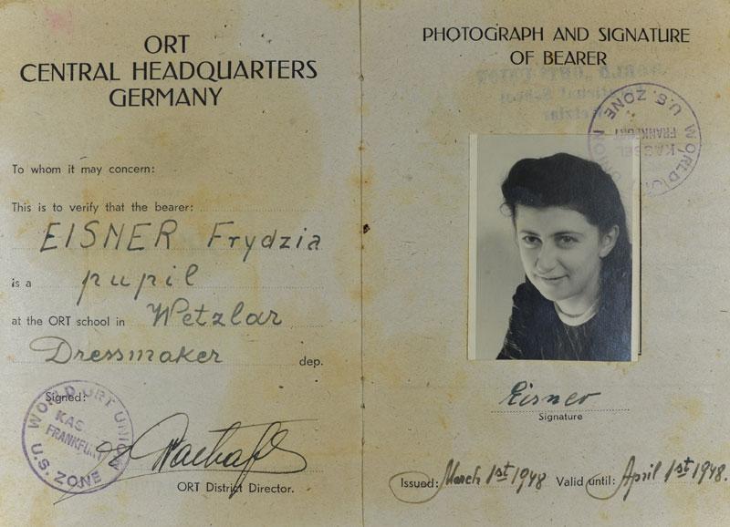 Frieda's student identity card from the ORT school in the camp 