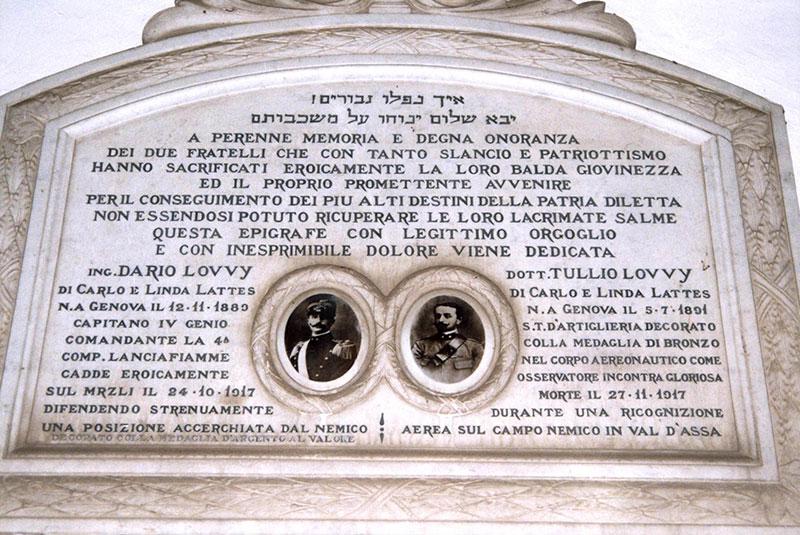 Memorial stone for the brothers Dario and Tullio Lovvy, who fought as Italian soldiers and fell in battle. The memorial stone is at the entrance of the Jewish cemetery in Genoa