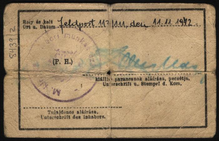 Identity tag issued to Zalman Schwimmer in the Hungarian labor battalion in 1942