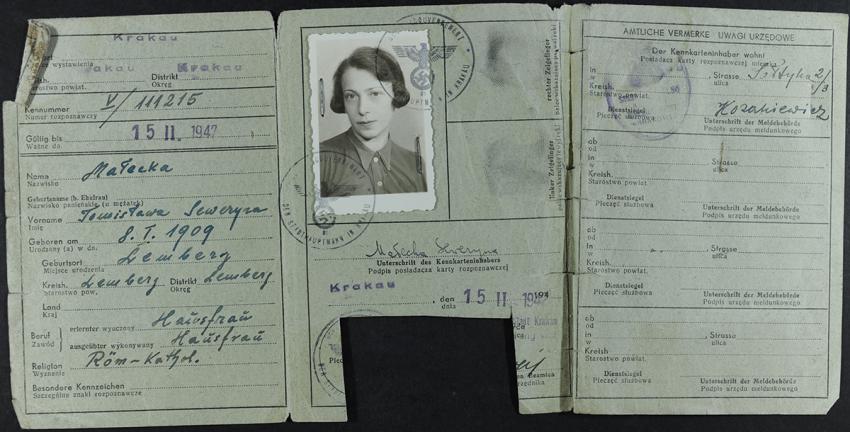 Dora Agatstein's forged ID card under the assumed name Malecka Tomislawa Seweryna, born 8 January 1909 in Lemberg (Lwów), Poland