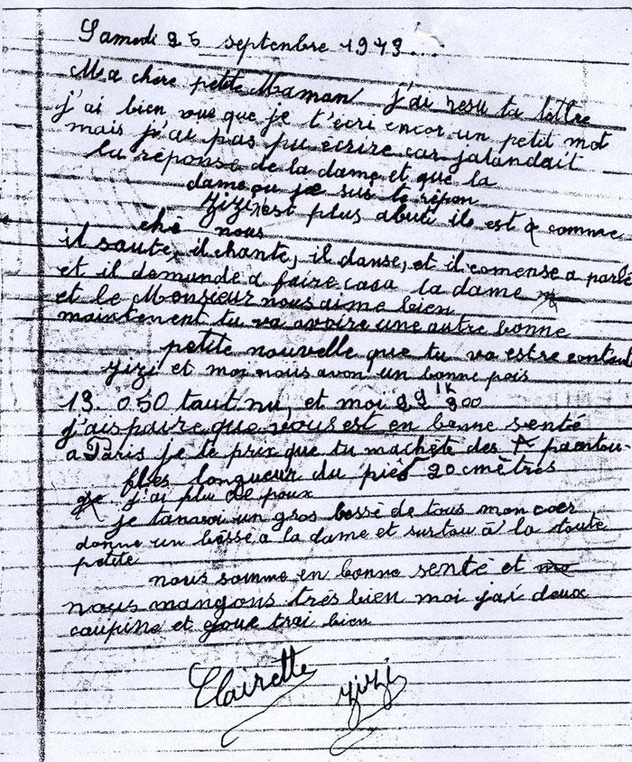 Lettre écrite par Clairette Vigder à sa mère le 25 septembre 1943, depuis sa cachette chez Lucien et Marie Noël