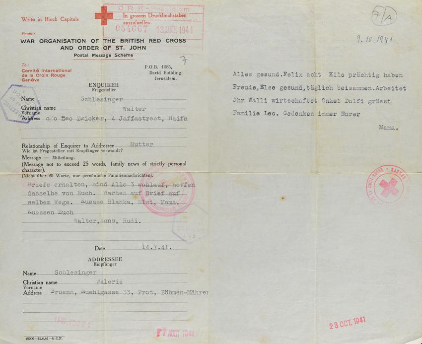 Telegram that Valeria Zwicker-Schlesinger sent to her sons in Eretz Israel (Mandatory Palestine).  9 October 1941