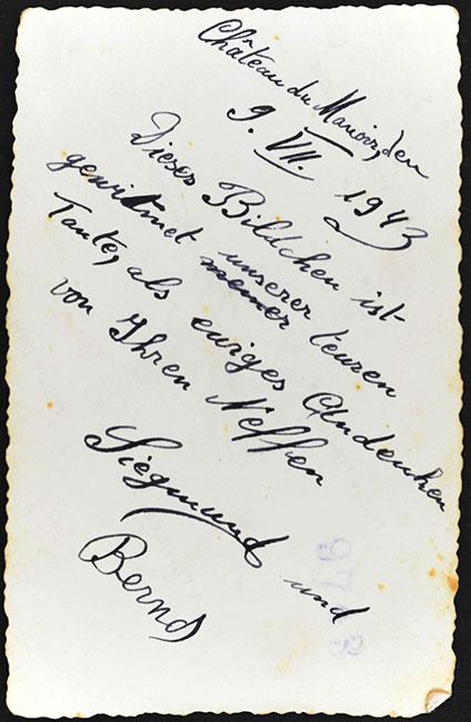 הקדשה שכתבו שמואל וברנד על גב הצילום, 9 ביולי 1943