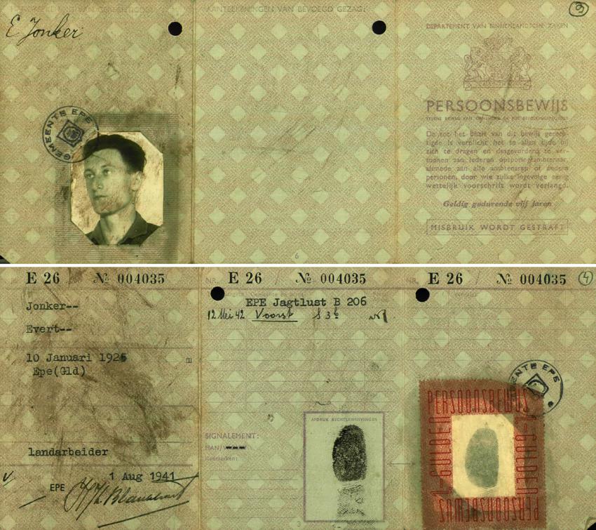 Forged ID card in the name of Evert Junker, born in Epe, the Netherlands on 10 January 1925 – Joseph-Joop Andriesse's false identity