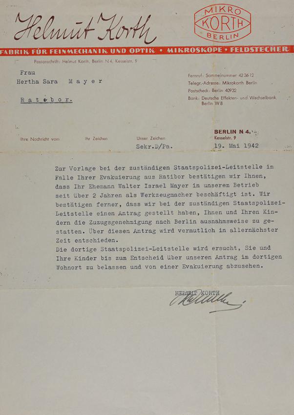 Bestätigung des Mikro-Korth-Werks in Berlin vom 19. Mai 1942, dass Walter Mayer im Werk in Berlin beschäftigt war.