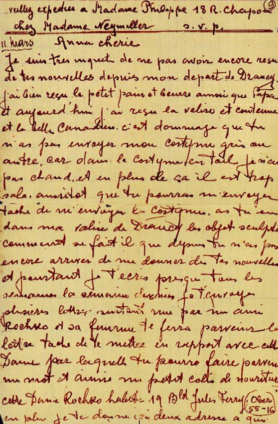 Lettre écrite de Drancy par Philippe Dzialowski à sa femme Anna, le 10 mars 1942