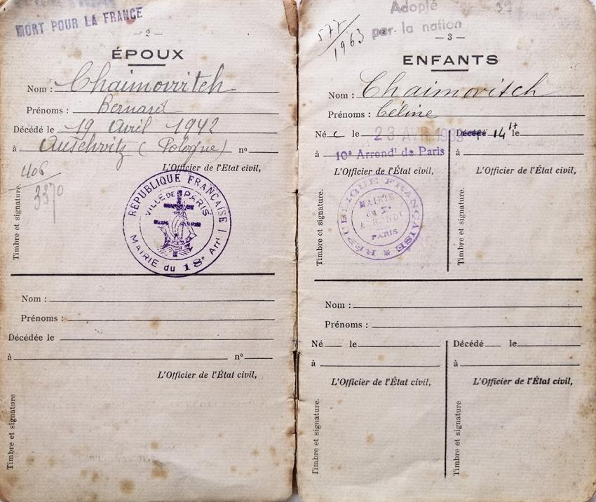 Livret de la famille Chaimovitch, Bernard est déclaré « mort pour la France » et Céline « adoptée par la nation ».