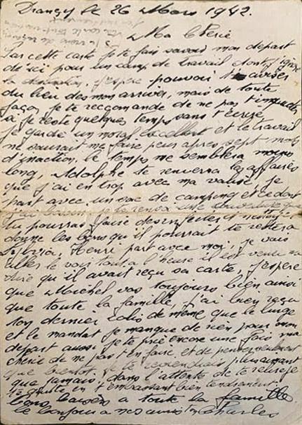 Dernière lettre de Charles Dluto rédigée à Drancy le 26 mars 1942, veille de sa déportation pour Auschwitz