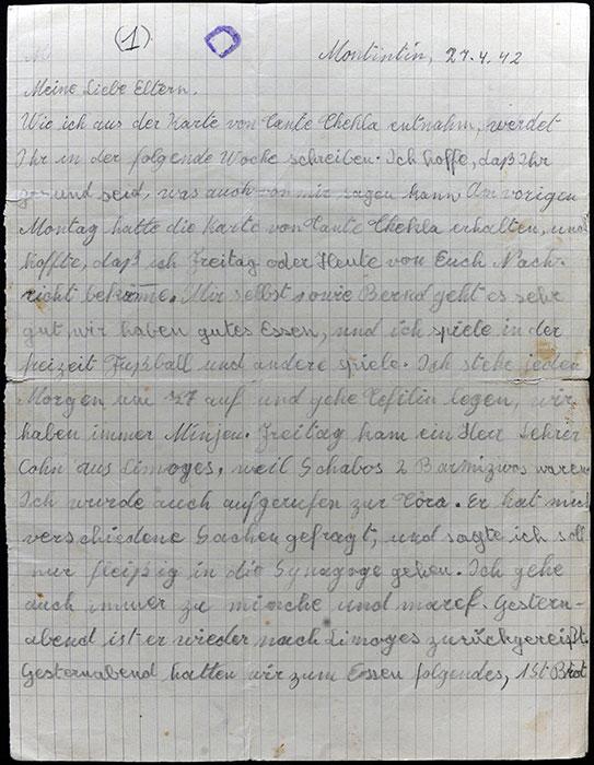ממכתבם של שמואל וברנד להוריהם מטירת מונטינטין, 27 באפריל 1942