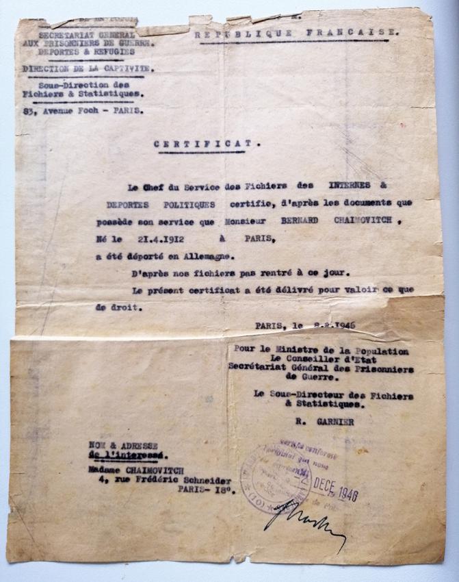 Certificat de déportation au nom de Bernard Chaimovitch, établi le 2 décembre 1946