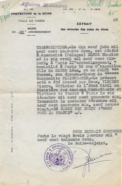 Acte de décès au nom de Charles Dluto, rédigé en janvier 1962