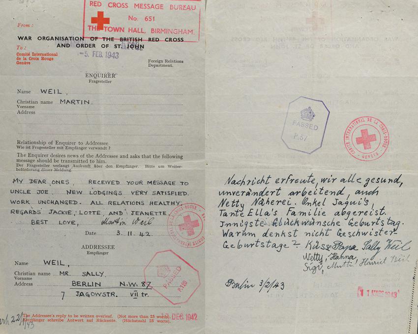 מברק שנשלח למרטין וייל באנגליה באמצעות הצלב האדום מהוריו בברלין. 3 בפברואר 1943. 